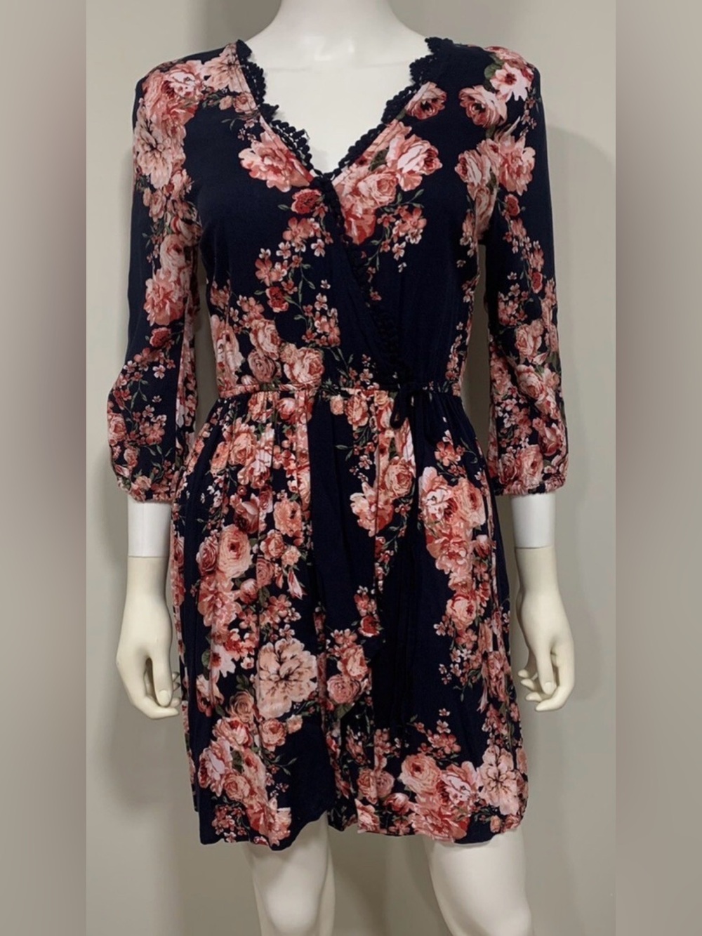 Band of Gypsies floral Wrap Midi Dress in Navy and Rose
